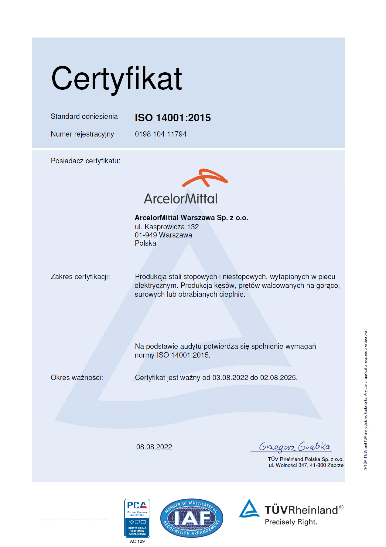 Certyfikat ISO 14001 2015 0198 104 11794 Main PL